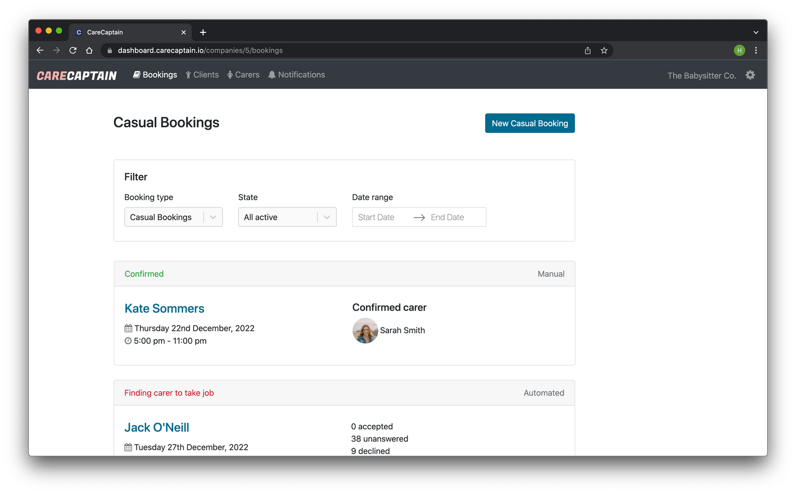 CareCaptain booking dashboard preview